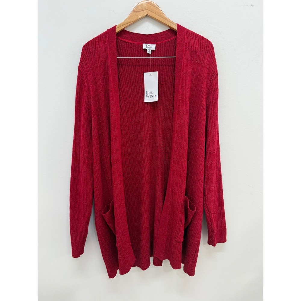 Kim Rogers Cardigan 2X Red Metallic Cable Knit Open Front Pockets New